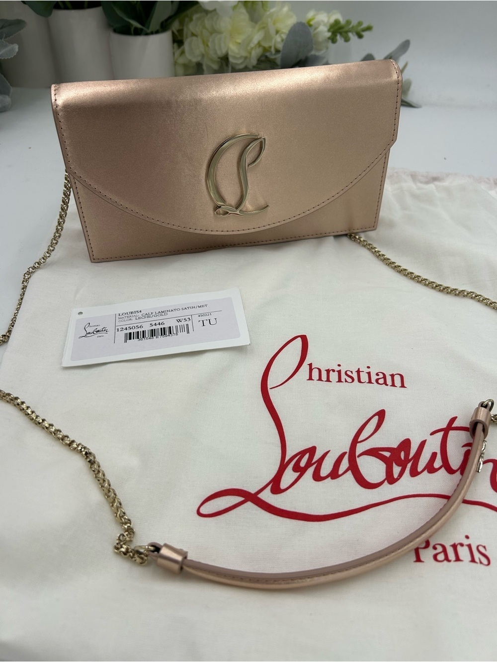Women's Christian Louboutin LOUBI 54 clutch in gold satin made in Italy